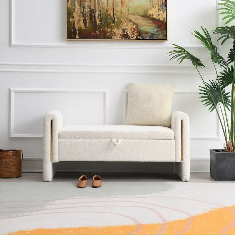 Banc Teddy moderne avec accoudoirs et rangement, grand repose-pieds rembourré, banc de fenêtre confortable