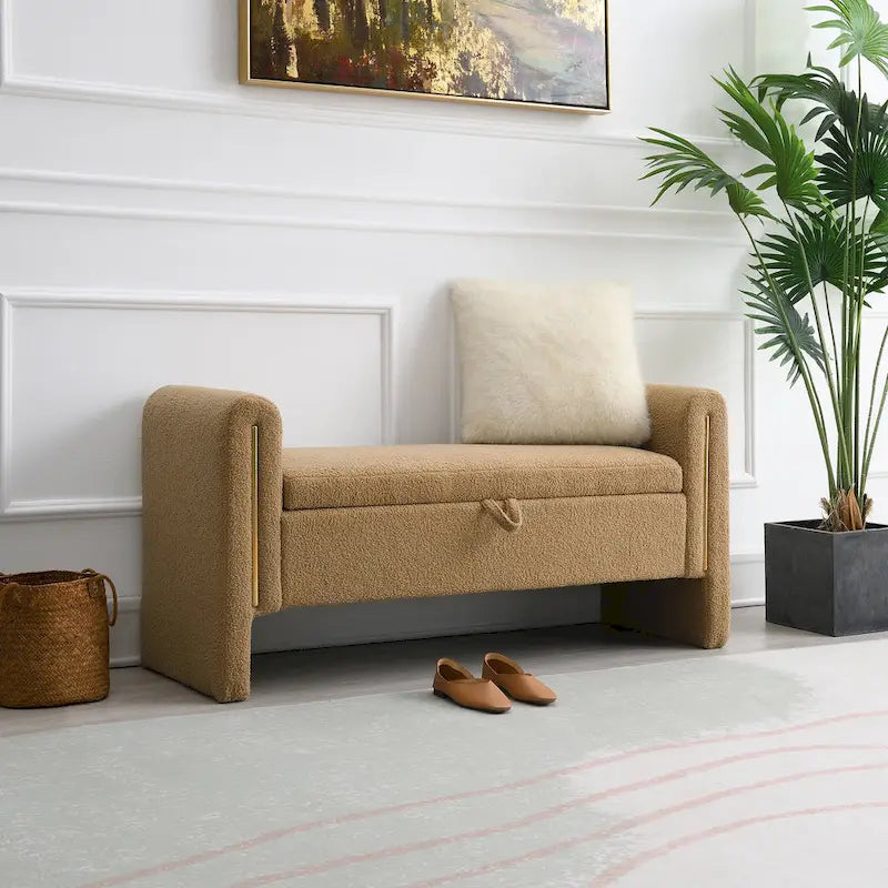 Banc Teddy moderne avec accoudoirs et rangement, grand repose-pieds rembourré, banc de fenêtre confortable