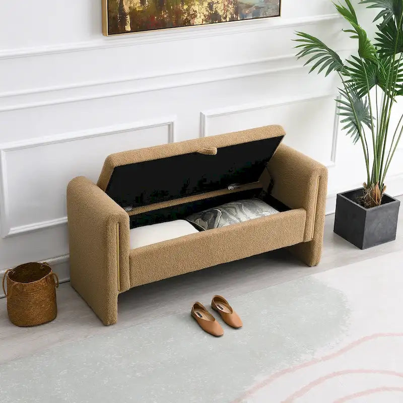 Banc Teddy moderne avec accoudoirs et rangement, grand repose-pieds rembourré, banc de fenêtre confortable