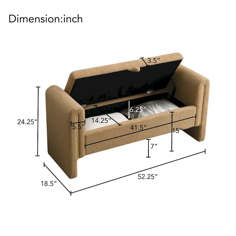 Banc Teddy moderne avec accoudoirs et rangement, grand repose-pieds rembourré, banc de fenêtre confortable