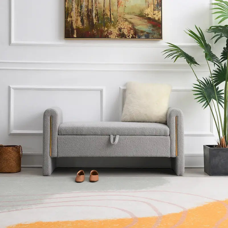 Banc Teddy moderne avec accoudoirs et rangement, grand repose-pieds rembourré, banc de fenêtre confortable