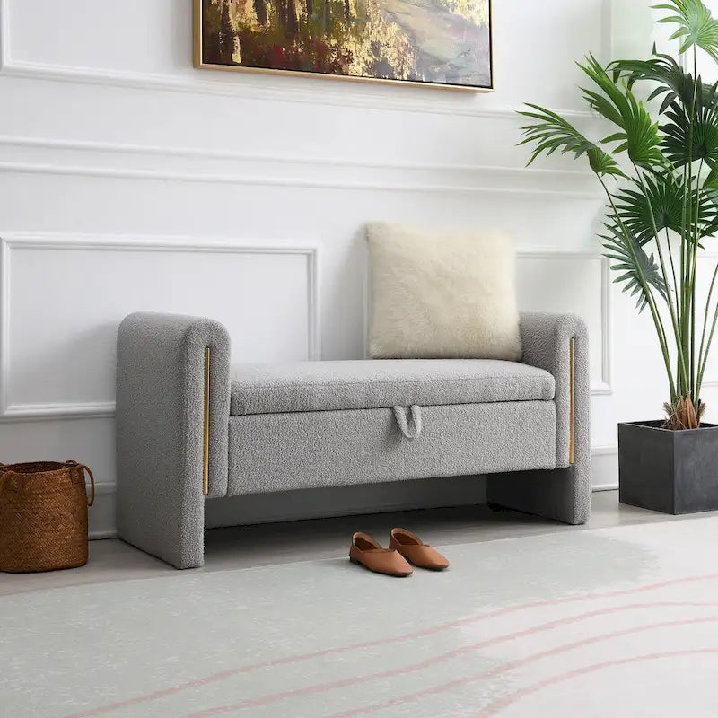 Banc Teddy moderne avec accoudoirs et rangement, grand repose-pieds rembourré, banc de fenêtre confortable