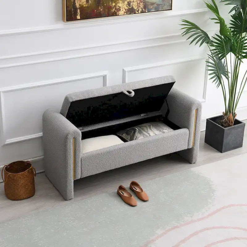 Banc Teddy moderne avec accoudoirs et rangement, grand repose-pieds rembourré, banc de fenêtre confortable
