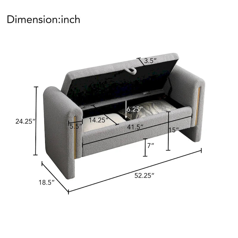Banc Teddy moderne avec accoudoirs et rangement, grand repose-pieds rembourré, banc de fenêtre confortable