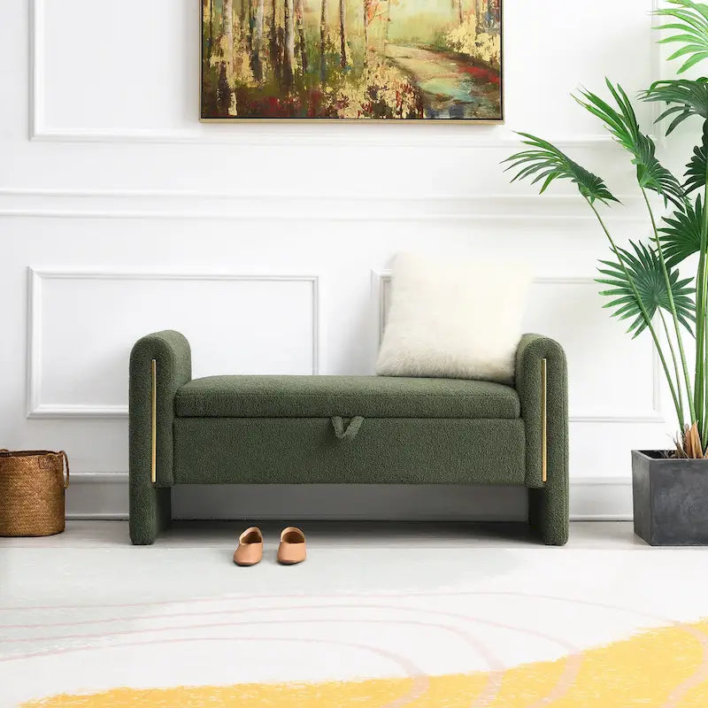 Banc Teddy moderne avec accoudoirs et rangement, grand repose-pieds rembourré, banc de fenêtre confortable
