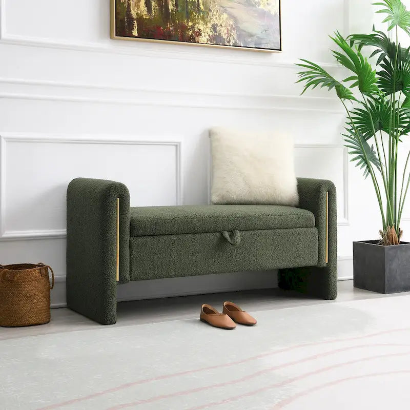 Banc Teddy moderne avec accoudoirs et rangement, grand repose-pieds rembourré, banc de fenêtre confortable