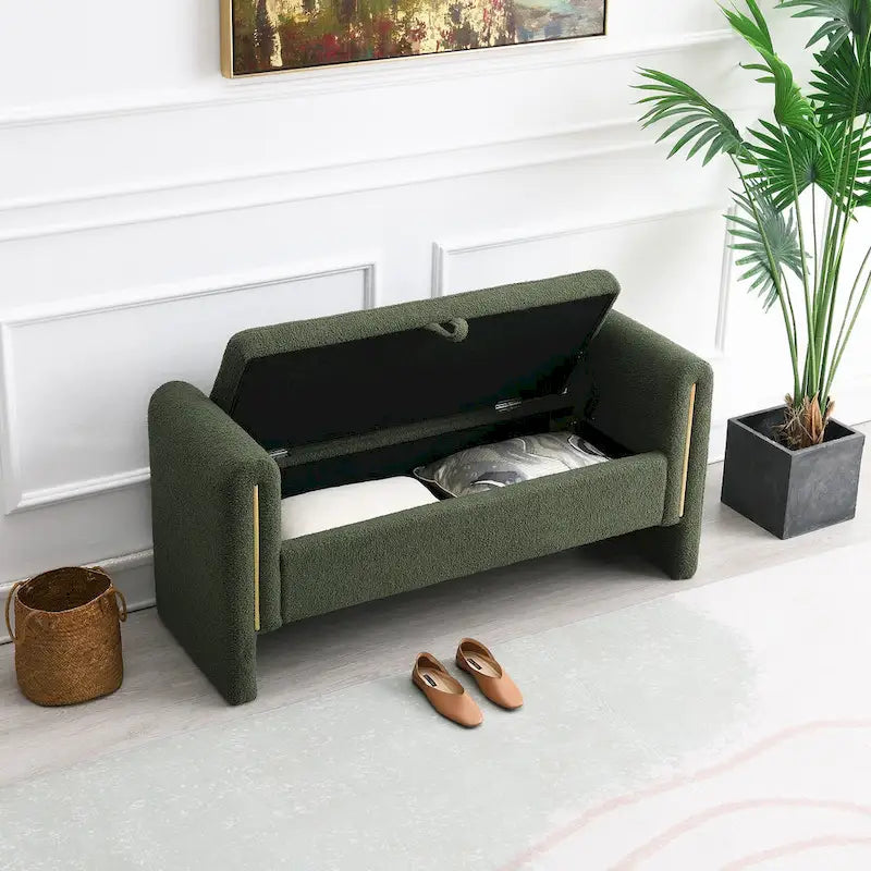 Banc Teddy moderne avec accoudoirs et rangement, grand repose-pieds rembourré, banc de fenêtre confortable