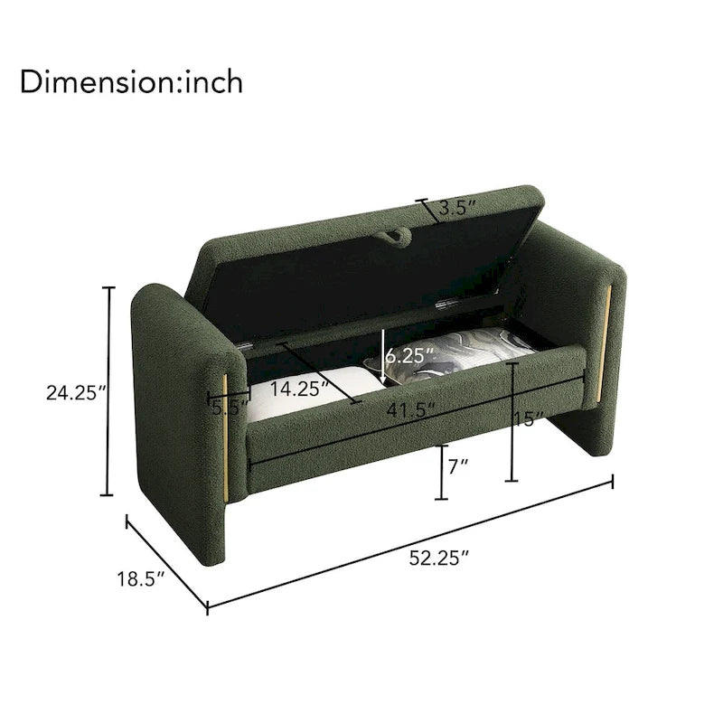 Banc Teddy moderne avec accoudoirs et rangement, grand repose-pieds rembourré, banc de fenêtre confortable