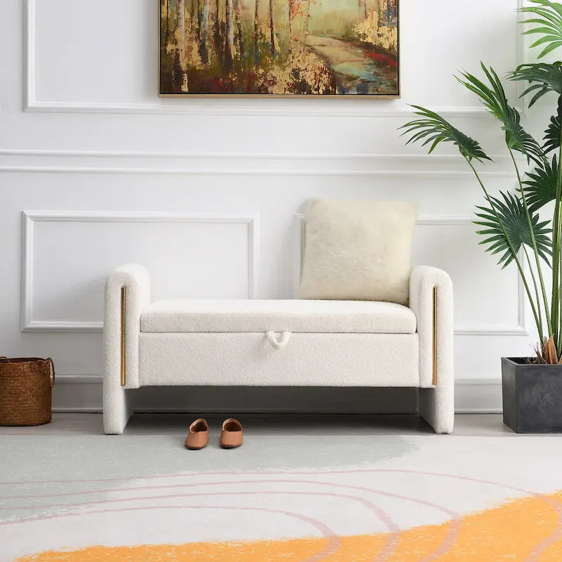 Banc Teddy moderne avec accoudoirs et rangement, grand repose-pieds rembourré, banc de fenêtre confortable