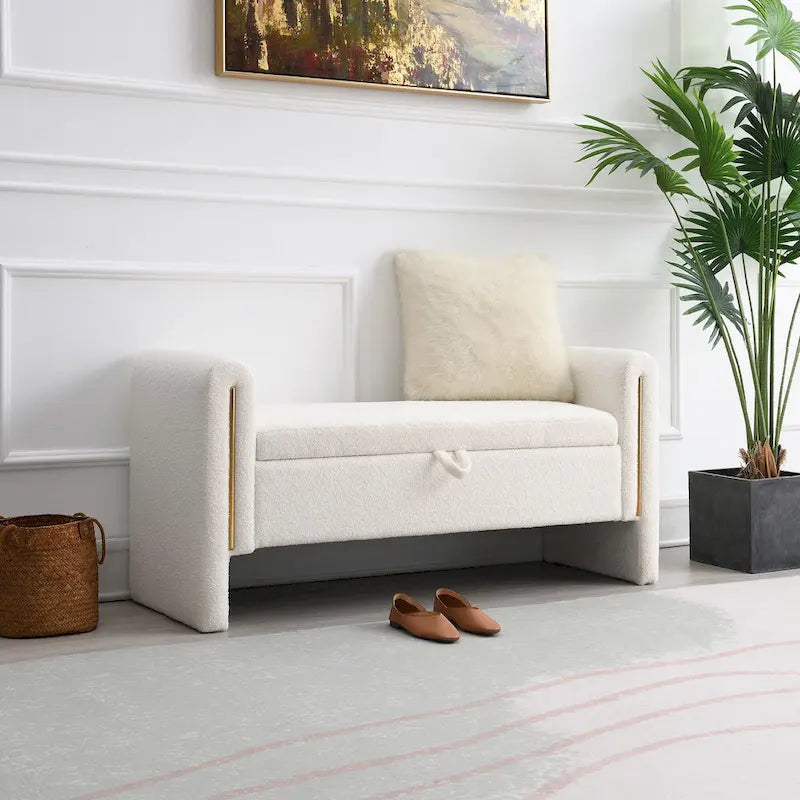 Banc Teddy moderne avec accoudoirs et rangement, grand repose-pieds rembourré, banc de fenêtre confortable