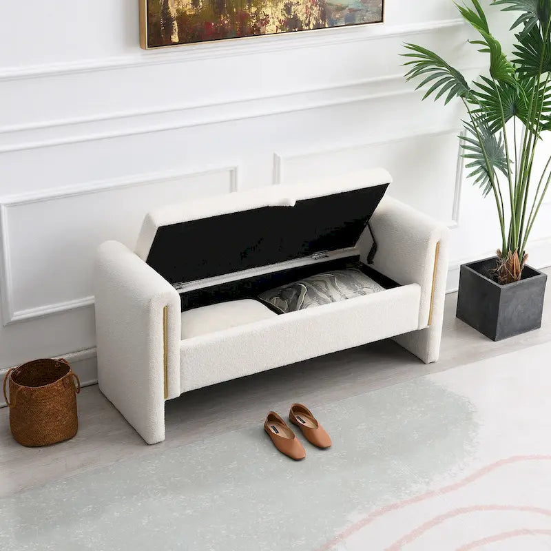 Banc Teddy moderne avec accoudoirs et rangement, grand repose-pieds rembourré, banc de fenêtre confortable