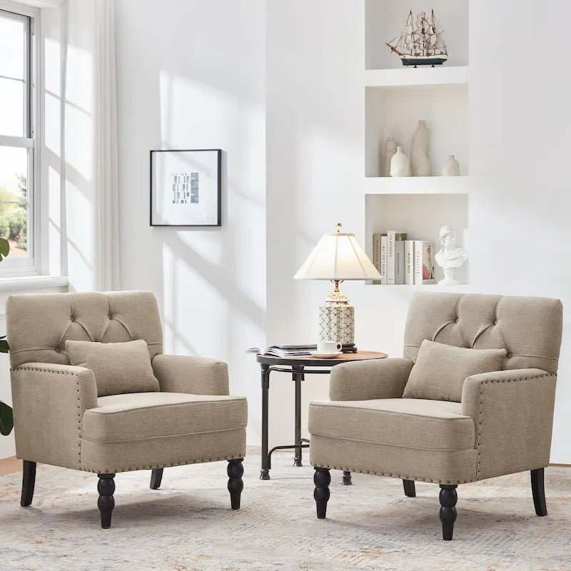 Fauteuil d'appoint capitonné avec coussin lombaire beige/gris/bleu clair