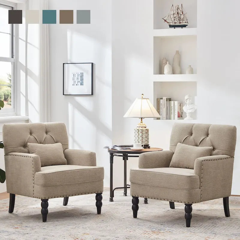Fauteuil d'appoint capitonné avec coussin lombaire beige/gris/bleu clair