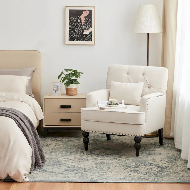 Fauteuil d'appoint capitonné avec coussin lombaire beige/gris/bleu clair