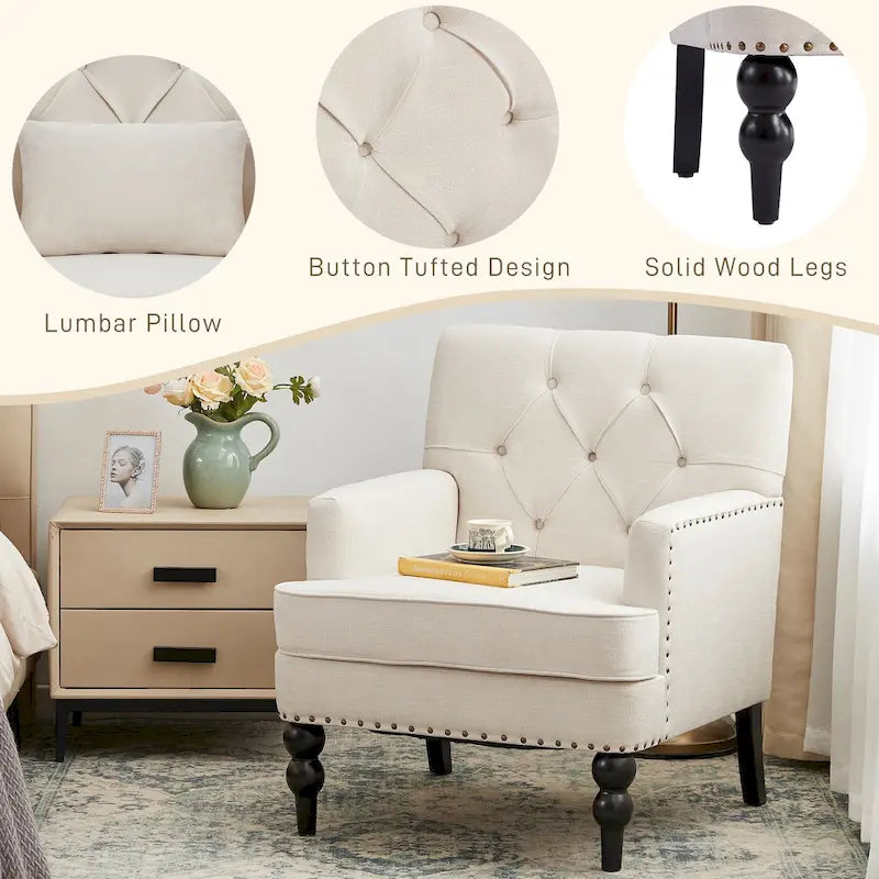 Fauteuil d'appoint capitonné avec coussin lombaire beige/gris/bleu clair