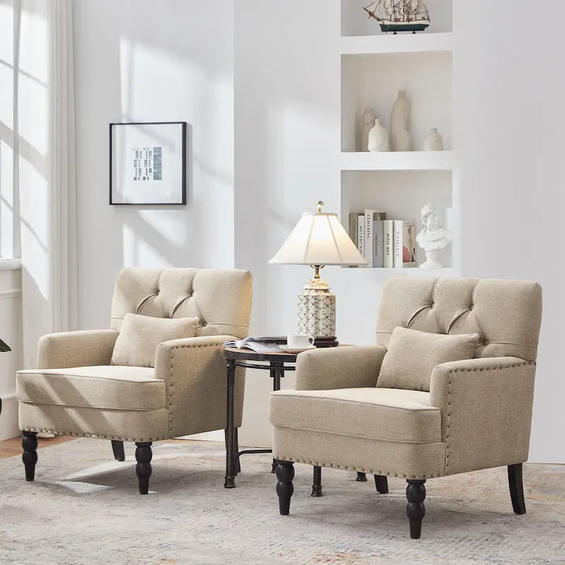 Fauteuil d'appoint capitonné avec coussin lombaire beige/gris/bleu clair