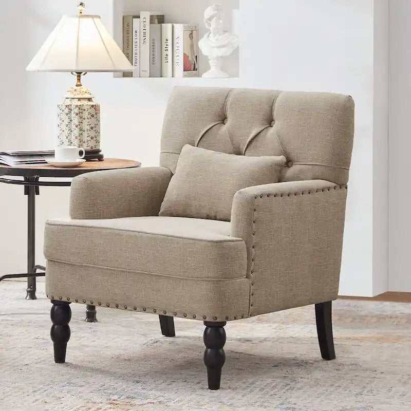 Fauteuil d'appoint capitonné avec coussin lombaire beige/gris/bleu clair