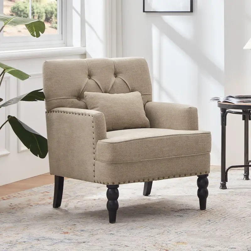 Fauteuil d'appoint capitonné avec coussin lombaire beige/gris/bleu clair