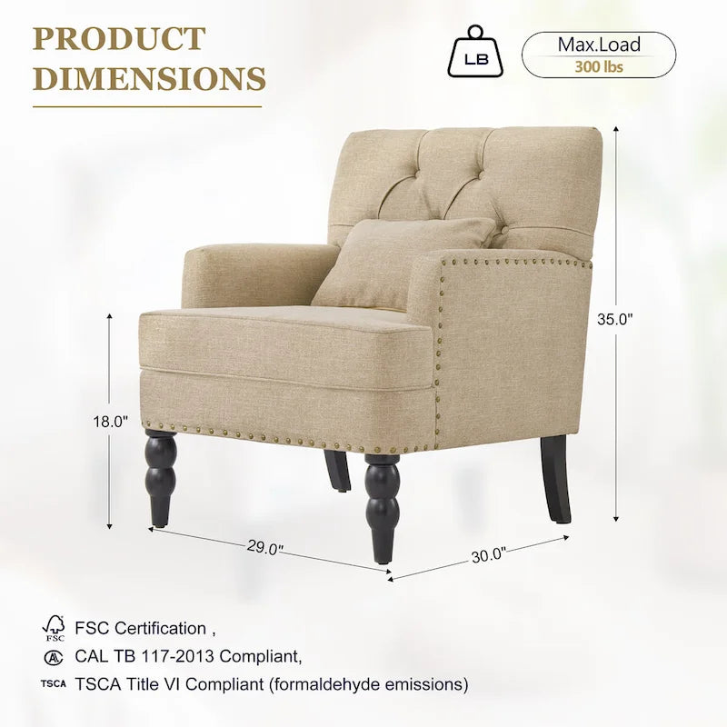 Fauteuil d'appoint capitonné avec coussin lombaire beige/gris/bleu clair