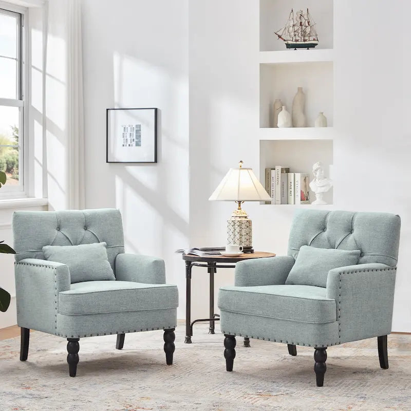 Fauteuil d'appoint capitonné avec coussin lombaire beige/gris/bleu clair