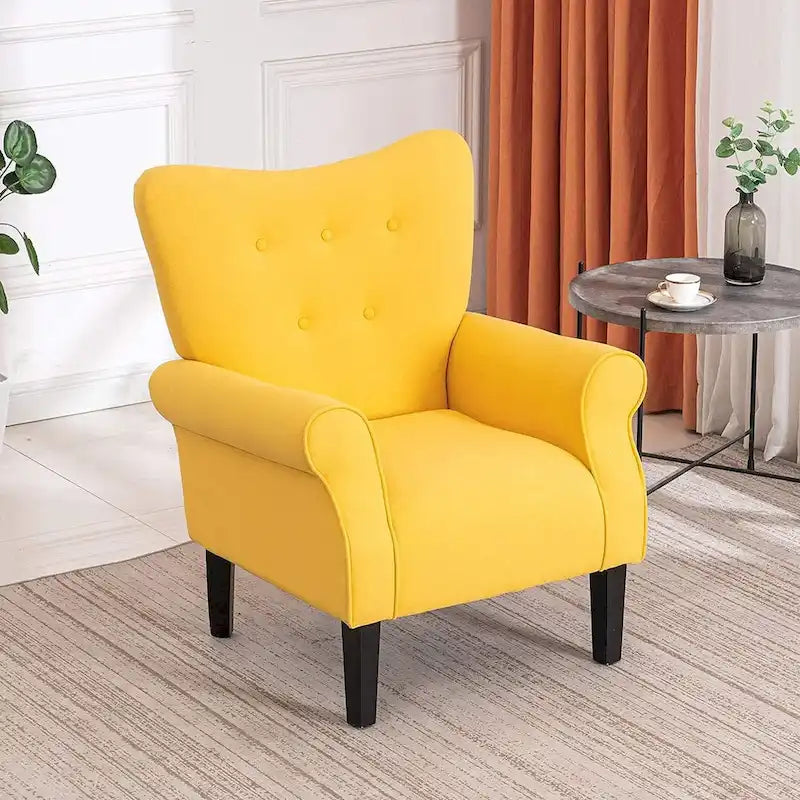 Fauteuil d'appoint moderne, fauteuil à dossier haut, canapé individuel en tissu capitonné avec pieds en bois pour salon