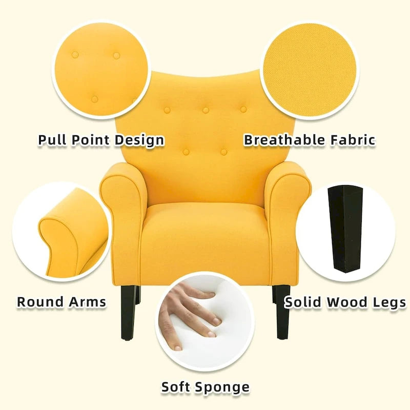 Fauteuil d'appoint moderne, fauteuil à dossier haut, canapé individuel en tissu capitonné avec pieds en bois pour salon