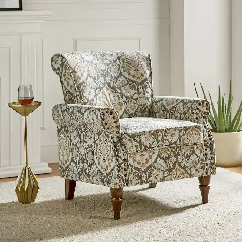 Fauteuil d'appoint traditionnel en polyester avec accoudoirs roulés et garniture cloutée