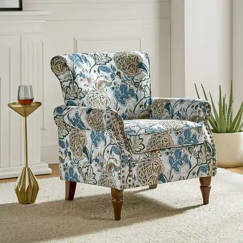 Fauteuil d'appoint traditionnel en polyester avec accoudoirs roulés et garniture cloutée