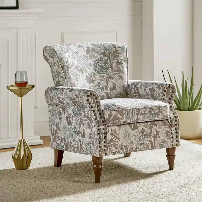 Fauteuil d'appoint traditionnel en polyester avec accoudoirs roulés et garniture cloutée
