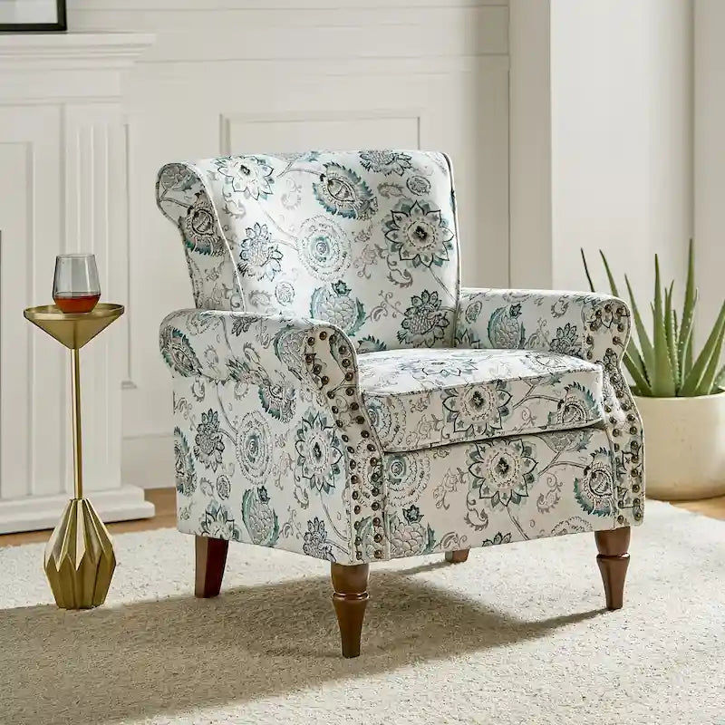 Fauteuil d'appoint traditionnel en polyester avec accoudoirs roulés et garniture cloutée