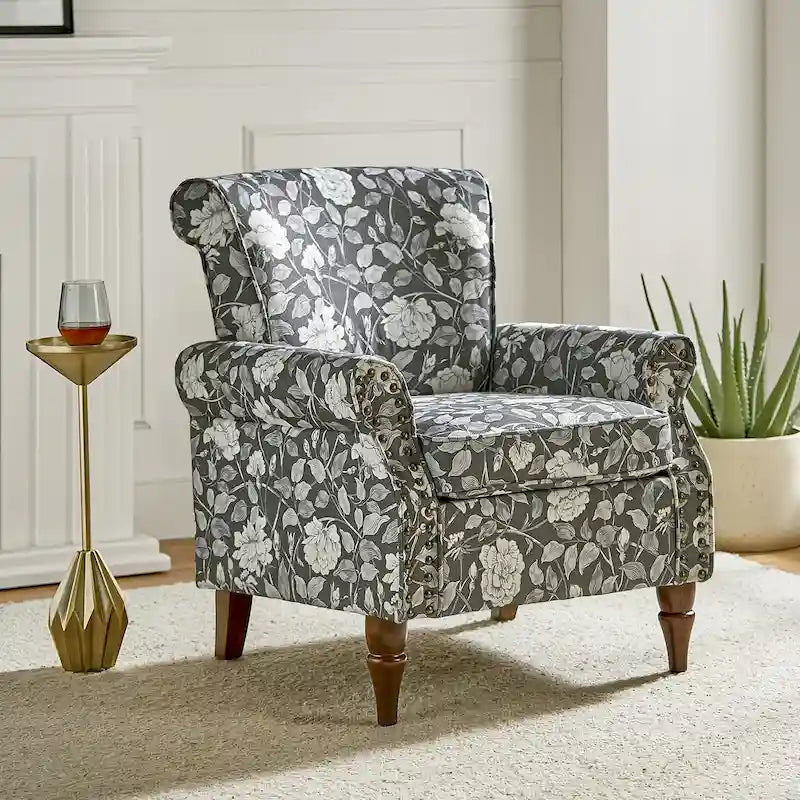 Fauteuil d'appoint traditionnel en polyester avec accoudoirs roulés et garniture cloutée