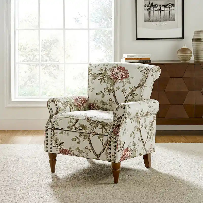 Fauteuil d'appoint traditionnel en polyester avec accoudoirs roulés et garniture cloutée