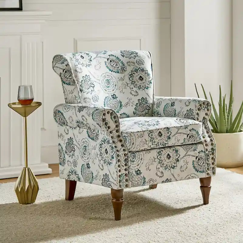 Fauteuil d'appoint traditionnel en polyester avec accoudoirs roulés et garniture cloutée