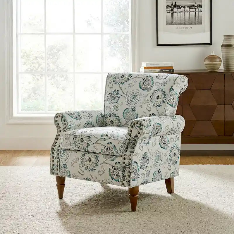 Fauteuil d'appoint traditionnel en polyester avec accoudoirs roulés et garniture cloutée