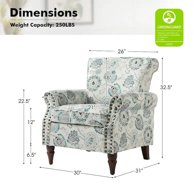 Fauteuil d'appoint traditionnel en polyester avec accoudoirs roulés et garniture cloutée