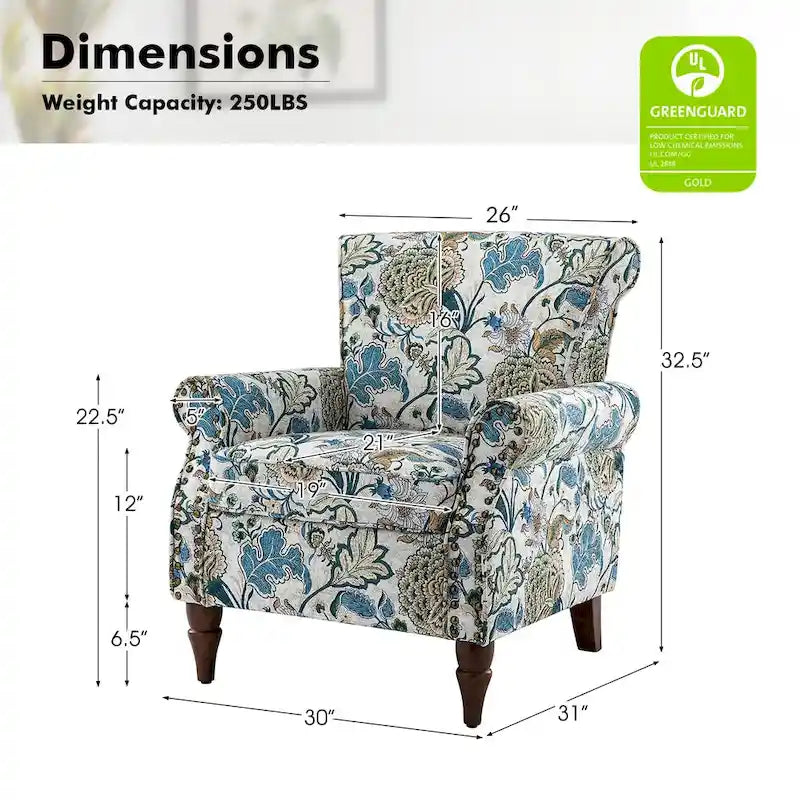 Fauteuil d'appoint traditionnel en polyester avec accoudoirs roulés et garniture cloutée
