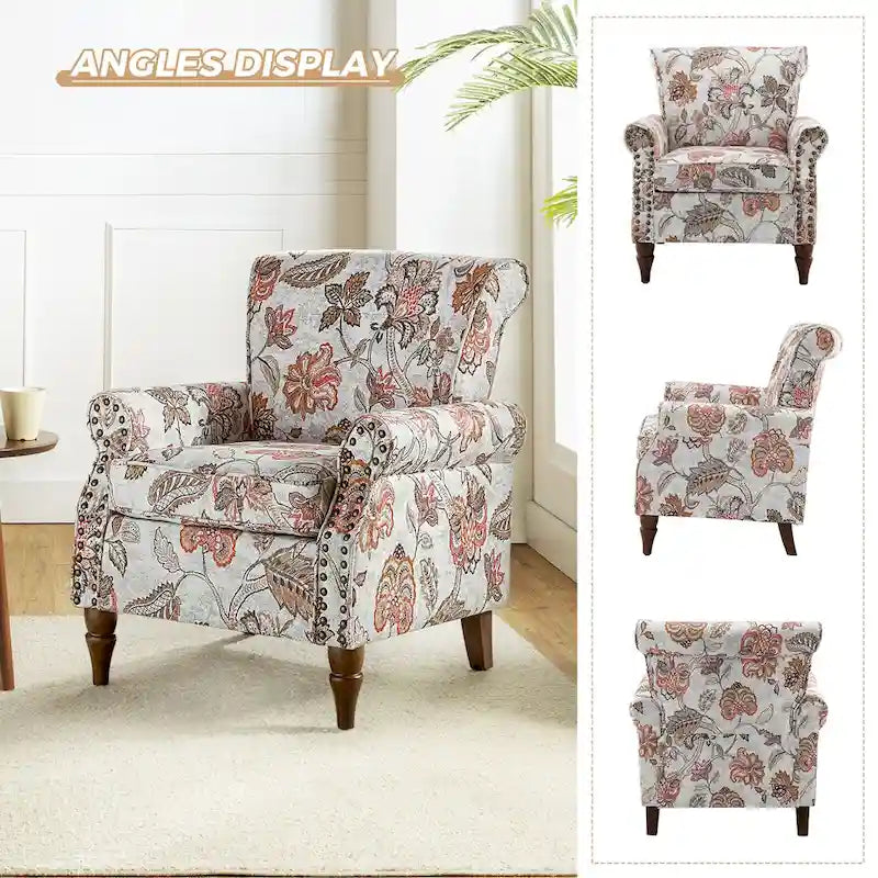 Fauteuil d'appoint traditionnel en polyester avec accoudoirs roulés et garniture cloutée