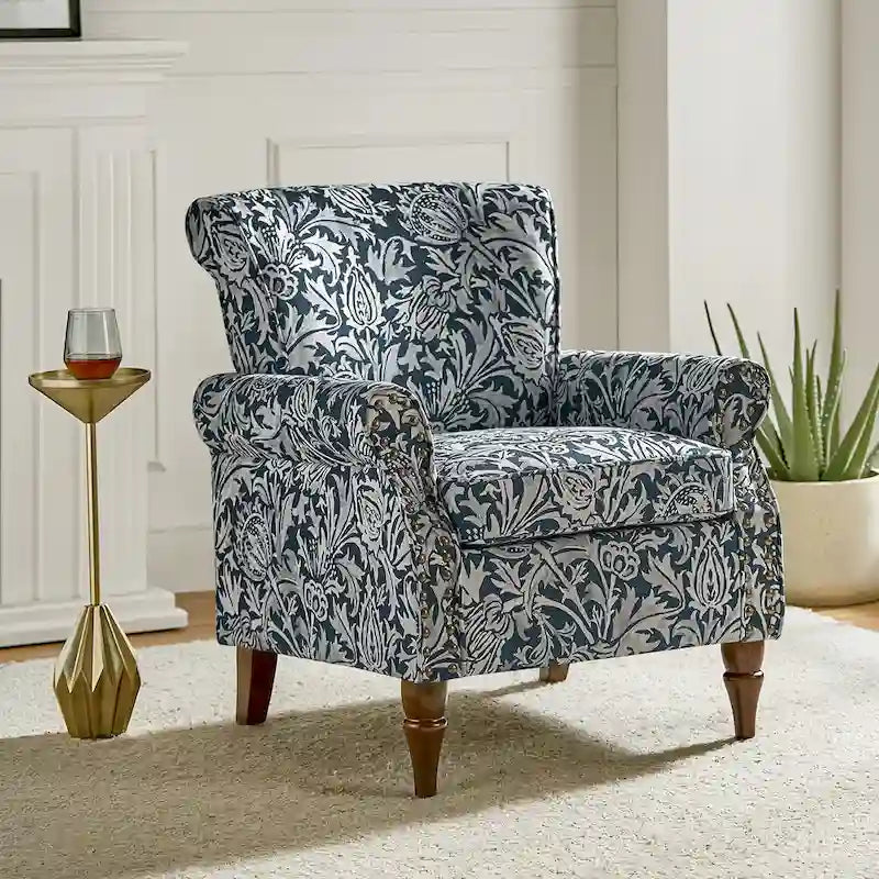 Fauteuil d'appoint traditionnel en polyester avec accoudoirs roulés et garniture cloutée