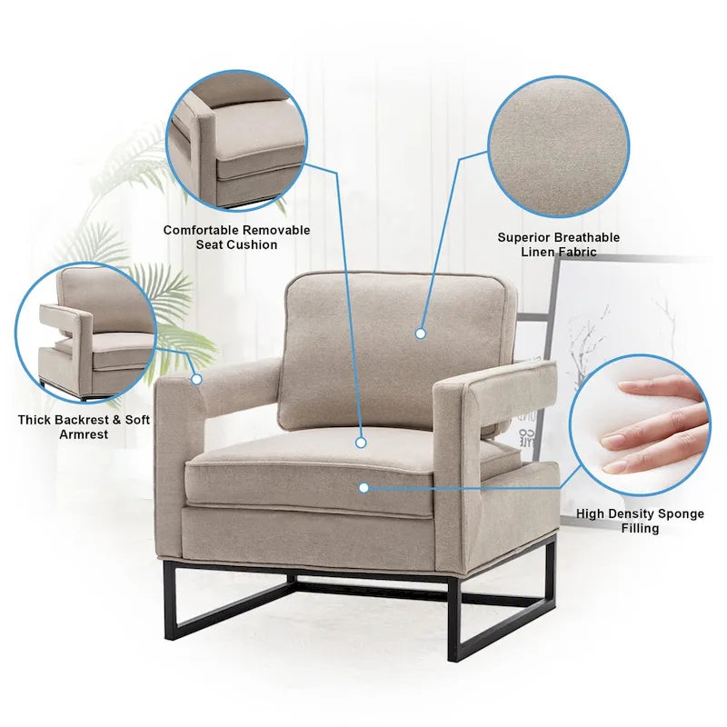 Fauteuil d'appoint moderne avec accoudoirs, Fauteuil de salon rembourré de style Mid-century