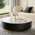 Table basse tambour moderne avec placage de chêne, table basse en pierre frittée avec 2 tiroirs en bois massif, entièrement assemblée, blanche