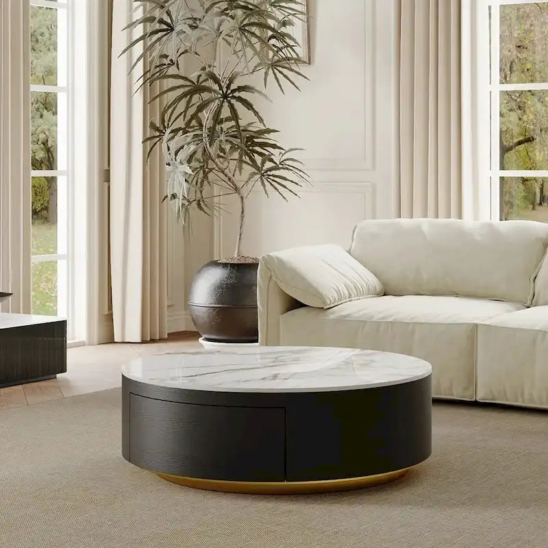 Table basse tambour moderne avec placage de chêne, table basse en pierre frittée avec 2 tiroirs en bois massif, entièrement assemblée, blanche