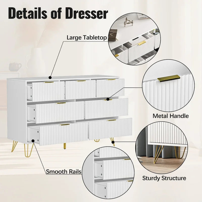 Commode à tiroirs cannelés pour chambre à coucher
