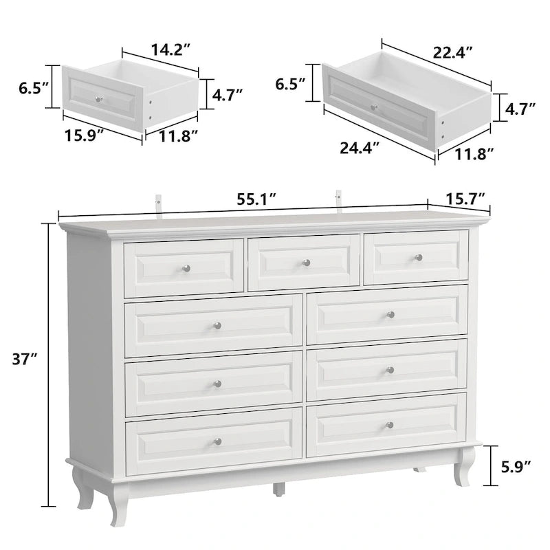 Commode à 9 tiroirs avec pieds en bois massif, console en laque