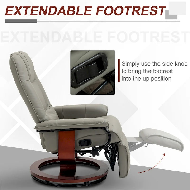 Fauteuil inclinable en similicuir avec base pivotante manuelle réglable, et repose-pieds confortable et relaxant