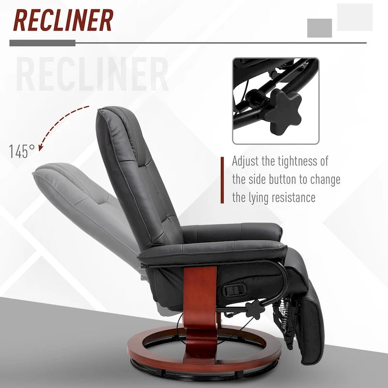 Fauteuil inclinable en similicuir avec base pivotante manuelle réglable, et repose-pieds confortable et relaxant