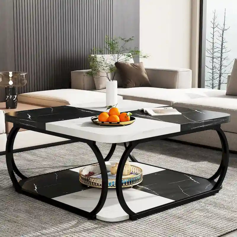 Table basse carrée à 2 niveaux avec étagère de rangement, table basse de ferme en bois de 99 cm pour salon moderne