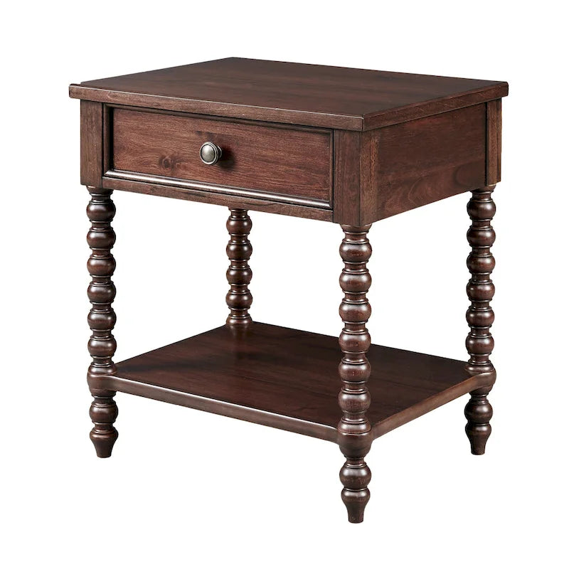 Table de chevet à pieds tournés avec tiroir et étagère