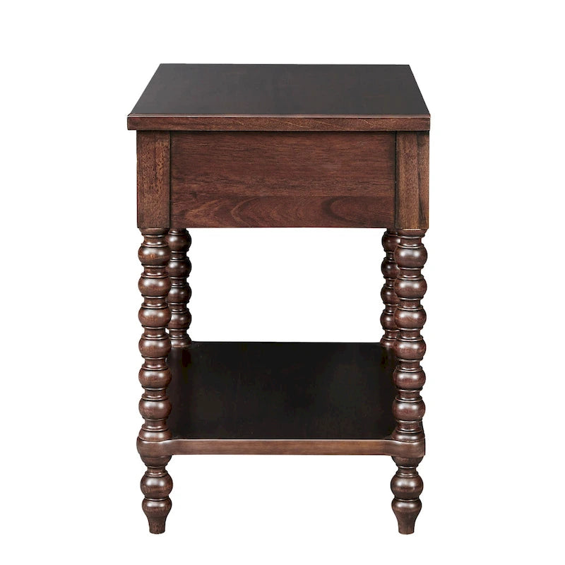 Table de chevet à pieds tournés avec tiroir et étagère