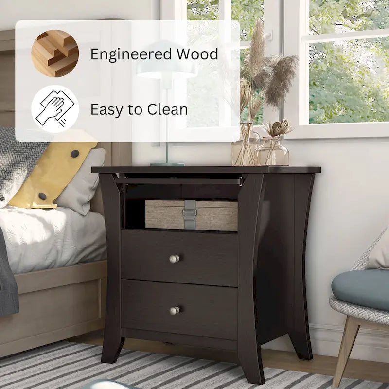 Table de chevet transitionnelle en bois à 2 tiroirs avec étagère