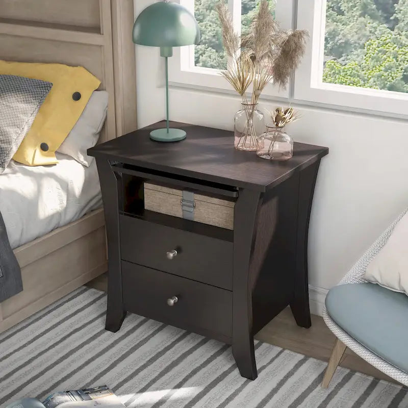 Table de chevet transitionnelle en bois à 2 tiroirs avec étagère